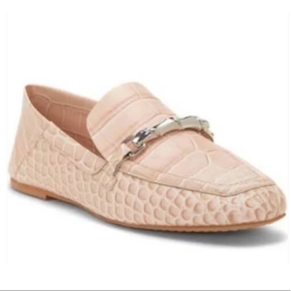 Vince Camuto Croc-Embossed Pale Pink Loafers with Silver Hardware